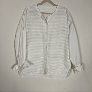 Eloise Pintucked White Cotton Band-Collar Blouse, Made in France